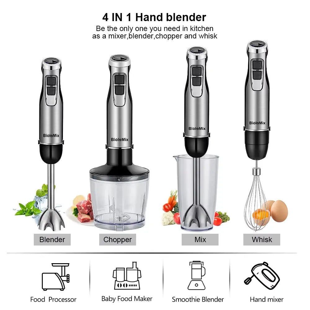 Mixeur Plongeant 4-en-1 Puissant 1200W – Mixeur à Main avec Hachoir, Gobelet Smoothie et Lames en Acier Inoxydable pour Glace et Aliments Yourhomeimprov